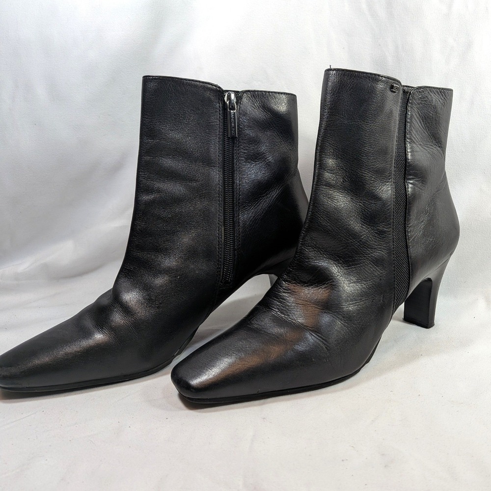 Bandolino Black Leather Ankle Boots; Square Toe, Side Zip, Block Heel